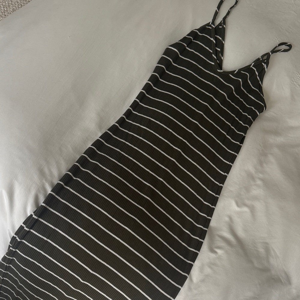 Olive Green and White Striped Spaghetti Strap Dress